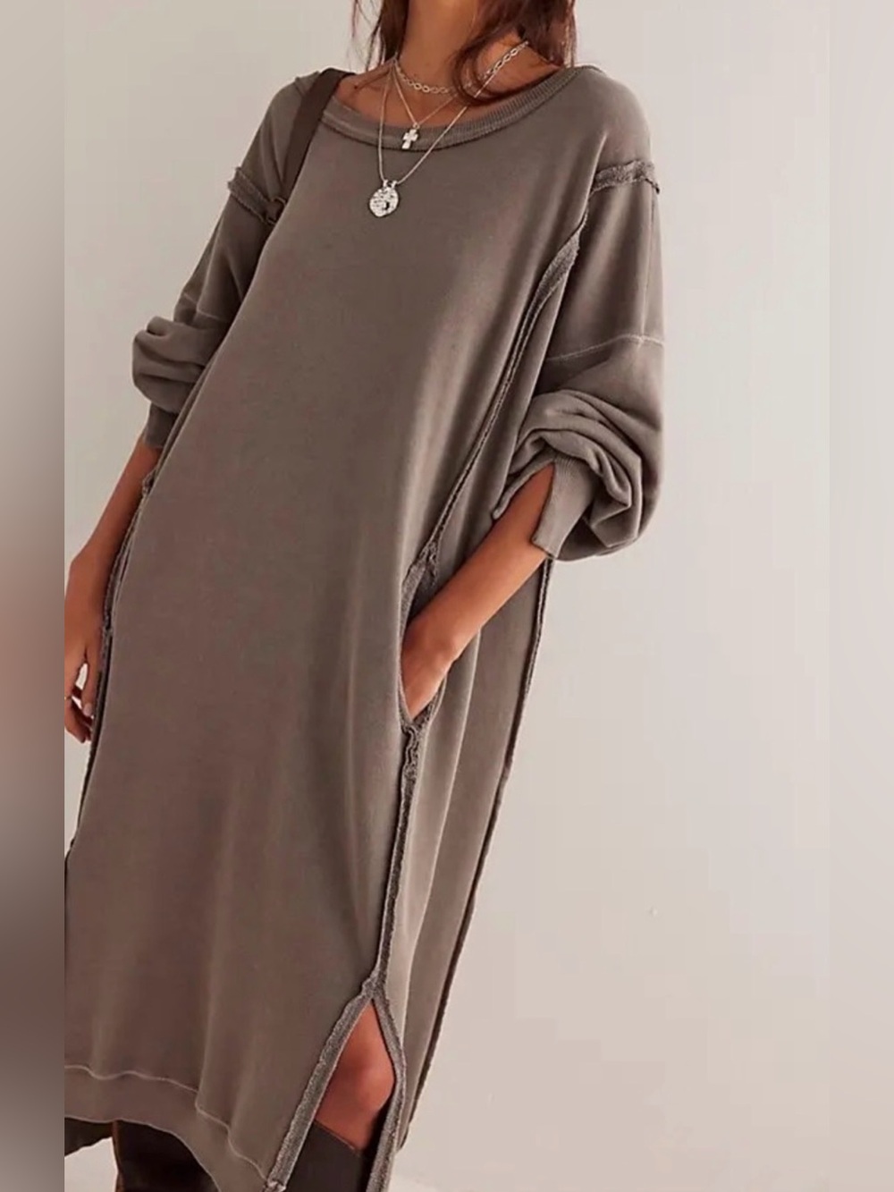 We the Free Camden Maxi Sweatshirt w/pockets🔥Olive green •Large • Free People - Picture 9 of 13